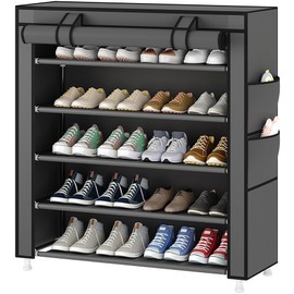 Laiensia 5-Tier Vertical Shoe Rack Organizer, Space Saving Shoe Storage Organizer, Non-Woven Cover Shoe Shelf Holds 20-25 Pairs for Bedroom, Hallway, Closet Entryway, Grey