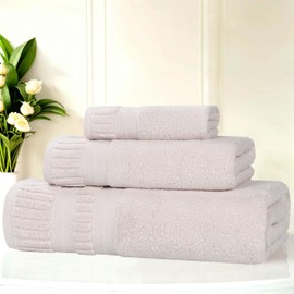 Superior Venice Zero Twist Cotton Medium Weight Towels, for Guest Bath, Bathroom, Shower, Spa, Plush Towels, Bath Essentials, Ribbed Textured Border, 3 Piece Assorted Towel Set, Silver