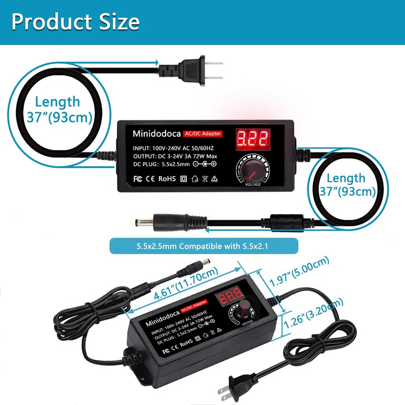 Minidodoca Universal Power Supply 3V~24V 3A 72W Adjustable Variable 3V