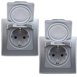 DELPHI Socket IP44 with Protection Lid Flush-Mounted Wet Room Rubber Seal Grey Silver