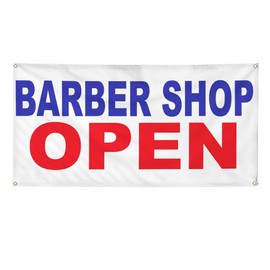Vinyl Banner Multiple Sizes Barber Shop Open Blue Red Business Outdoor Weatherproof Industrial Yard Signs 4 Grommets 24x36Inches