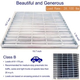 DuuMuut Galvanized Steel Drain Grate 20x20 in, B-Class 28100 lbs Heavy-Duty Driveway Channel Cover, Outdoor Trench Drainage Grate, Silver Square Metal Sewer Cover for Garage (True 19.7x19.7)