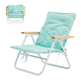 SUNNYFEEL Foldable Beach Chair, Beach Chair Backup with Wood Armrest & Cushion, Lightweight Camping Chair Heavy Duty for Beach, Camping, Lawn, Outdoor, Mint Green
