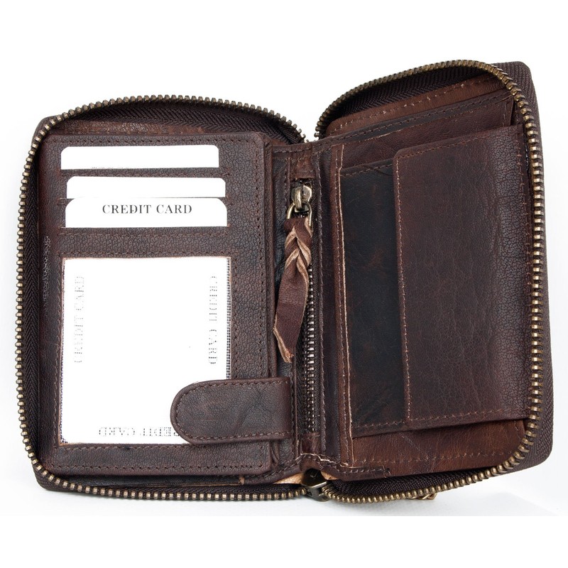 Men's Natural Genuine Leather Wallet with Metal Zipper Around with