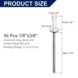 sourcing map 50Pcs 1/8"x3/8" Aluminum Blind Rivets, Aluminum Grip and Steel Mandrel, Closed End Dome Head Rivets Fasteners for Metal, Furniture, Automotive, Silver