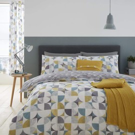 Catherine Lansfield Retro Circles Reversible Single Duvet Cover Set with Pillowcase Green Ochre Yellow
