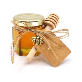 The Honey Jar Bee-luxe Event, Bridal Shower, or Wedding Favors - 2oz Hexagon Jar of Pure Honey with Wooden Honey Dipper Bee Charms Jute Tags- Customizable DIY Party Favors (Set of 20)