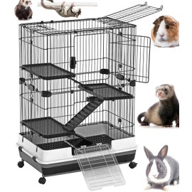 X-Large Deluxe 4-Level in/Outdoor Rabbit Hutch Cage for Ferret Squirrel Chinchilla Solid Platform Ramp Mesh Floor Easy Clean 2-Inch Deep Leakproof Tray Large Access Doors Lockable Casters