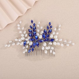 Teyglen Pearl Bride Wedding Hair Comb Bridal Blue Rhinestone Pearl Hair Comb for Party Prom Wedding Hair Accessories for Women Handmade Crystal Hair Piece Headpiece (Blue)