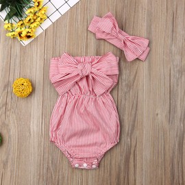 Newborn Baby Girls Romper Jumpsuit Infant Girl Summer Bodysuits Ribbed Short Sleeve One-Piece Headband (Red Striped,0-6 Months)
