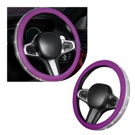 JUSTTOP Steering Wheel Cover, Premium Leather Bling Crystal Rhinestones Car Steering Wheel Protector, Non-Slip Diamond Wheel Cover Car Accessories for Women Girl Fit Suvs Vans Sedans (White+Purple)