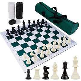 Juegoal - Juego portátil de ajedrez y damas, 2 en 1, juegos de mesa de viaje para niños y adultos, juegos plegables de ajedrez enrollables, 26 piezas adicionales, alfombrilla gruesa para mouse con
