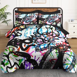 WeCozy 7 Pcs Queen Size Comforter Set with 2 Pillowcases & 2 Shams, Urban Skateboard Bedding for Kids and Adults, Music Abstract Graffiti Bed in a Bag with Flat Fitted Sheet