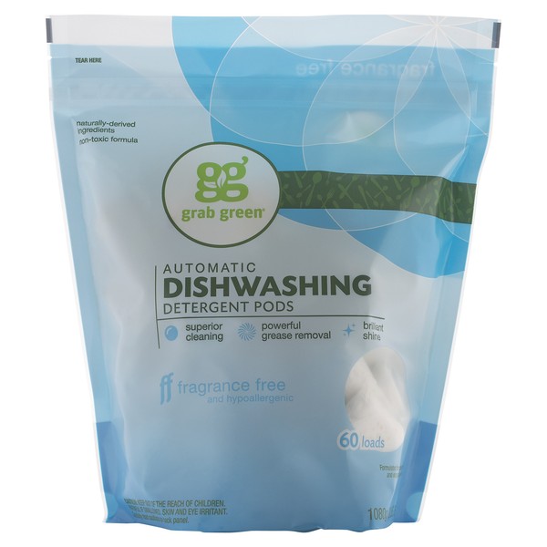 Grab Green Automatic Dishwashing Detergent Pods, 60 Count, Fragrance Free, Plant and Mineral Based, Superior Cleaning, Powerful Grease Removal, Brilliant Shine