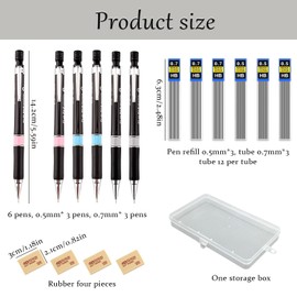 RYAN Set of 6 Mechanical Pencils, 12 Tubes, Pencil Leads 0.5/0.7 mm and 4 Erasers, Mechanical Pencil Set with Lead for Sketching, Drawing, Writing and Homework, Office Accessories