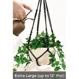 Shineloha 43 Inches Macrame Planter Hanger Large for 12 inch Pot + Swag Hook (Extra Long & Big) | Large Hanging Planter for Indoor Plants | No Tassel, Cotton Rope, NO Pot/Plant Included (Black)(XL)