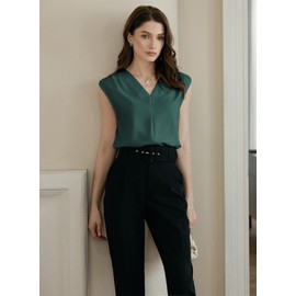 EVALESS Tank Tops for Women Trendy 2025 V Neck Pleated Sleeveless Shirts Loose Fit Summer Basic Work Vest Sea Green M