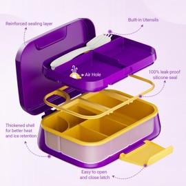 Bento Lunch Box Kids Adults, 5-Compartment 1145ML Bento-Style Kids Lunch Box, Leak-Proof Lunch Container, Double Layer Bento Box with Handle, BPA-Free, Dishwasher Safe, Food-Safe Materials (Purple)