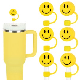 Whaline 6Pcs Smiling Face Straw Covers Yellow Silicone Reusable Straw Topper 0.4 Inch Cute Face Summer Double Sided Pattern Straw Tip Covers for 30 & 40 OZ Tumbler with Handle