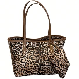 Leopard Print Large PU Material Tote Bag with Mini Purse Casual Handbag Shopping Bag for School, Work, Shopping, Travel Daily Use