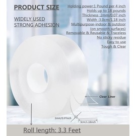 SUZUYO Clear Double Sided Adhesive Mounting Tape Heavy Duty Large Tough Multipurpose Nano Residue Free Double Sided Tape Removable Washable Reusable Gel Tape Strips Carpet Tape (1.18 inch x 3.3 Feet)