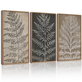 KUVIOKE Vintage Botanical Framed Wall Art Bohemian Tan Plant Leaf Wall Decor Nature Fern Plant Silhouette Wall Painting Home Decor 16x24in (Natural Framed)