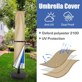 Teynewer Parasol Cover Waterproof, Straight Parasol Protective Covers with Telescopic Pole and Zipper Fit for 1.8 to 2.7 m Large Umbrella Patio Parasol Weatherproof UV-Anti Windproof, Khaki