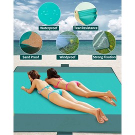 NHOWIN Beach Blanket Sand-Free Waterproof Super Large 210 cm x 200 cm Beach Mat with 3 Zip Pockets, Ultralight and Portable Picnic Blanket 0.36 kg for the Beach, Camping, Picnic, Excursions