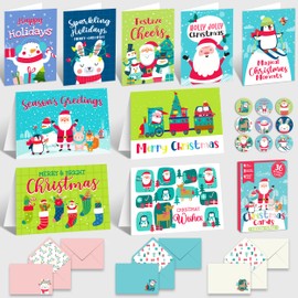 Decorably 36 Pack 5x7in Kids Christmas Cards with Envelopes and Stickers, 9 Fun Designs Assorted Christmas Cards Bulk with Printed Message Inside