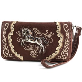 Justin West Horse Embroidery Studded Concealed Carry Handbag Purse Matching Wallet (Brown Flat Wallet)