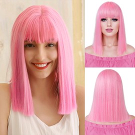 Yargel Hair Pink Straight Bob Wig with Bangs Short Pink Bob Wigs for Women Shoulder Length Heat Resistant Synthetic Bangs Wig for Daily Party Use (14 inch)