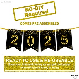 Katchon, Shiny Graduation 2025 Banner - Large 10 Feet, No DIY | Happy Graduation Banner 2025, Grad Decorations Class of 2025 | 2025 Sign, 2025 black gold banner | 2025 grad sign