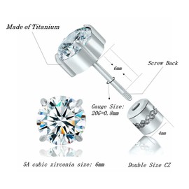 ZQGOFPT Titanium Flat Back Surgical Stainless Steel Stud Earrings for Women Men,Birthstone Stud Earrings Hypoallergenic Double Side 5A Cubic Zirconia Studs Jewelry 6mm, 6mm, Stainless Steel Titanium,