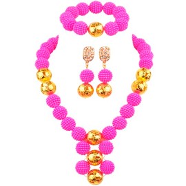 aczuv Simulated Pearl Set Jewelry Nigerian Wedding African Beads Women Jewelry Set (Fuchsia Pink)