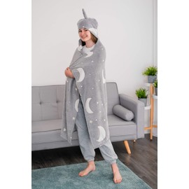 FiNeWaY Glow in The Dark Hooded Throw Blanket Flannel Moon Star Unicorn Gifts for Kids Girls Boys Hoodie Adults Cosy Warm Super Soft Plush Fleece Faux Fur (Moon & Stars Grey)