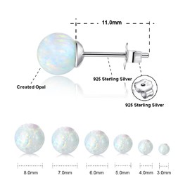 White Gold Plated Sterling Silver Opal Stud Earrings 3mm-8mm Options, Simulated Opal Dot Studs Hypoallergenic Jewellery (White-Ball, 7mm)