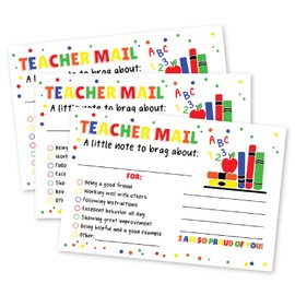 50 Apple ABC 123 Happy Mail Teacher Notes to Parents- Classroom Good Behavior Incentive Motivational Cards to Send Home - Preschool, Kindergarten, Elementary School- Made in The USA