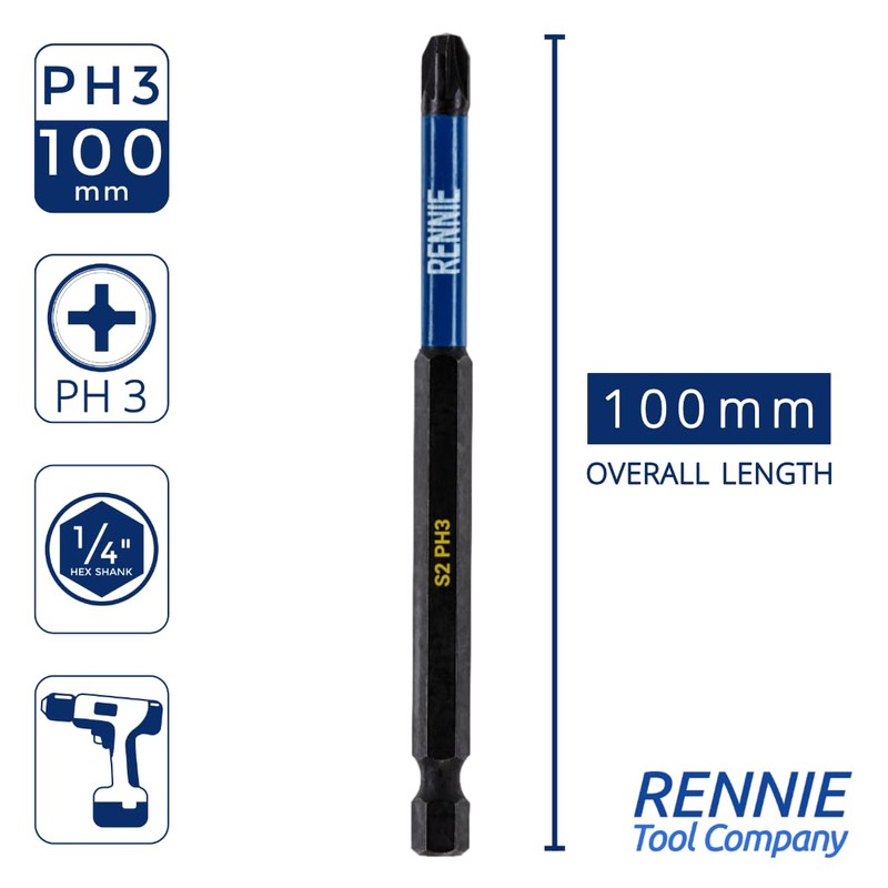 10 x Rennie Tools 100mm Long PH3 Impact Screwdriver Driver