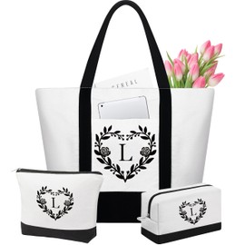 YOOLIFE Birthday Gifts for Women, Work Bag Gifts for Her Women Cute Canvas Bag Set Wedding Retirement Gifts for Women Weekender Travel Bag Day Trips Bag Teacher Gifts for Women Wife Her Monogram L