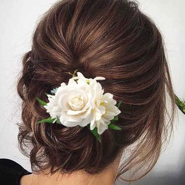 Yheahin Bridal White Rose Flower Hair Comb Boho Handmade Floral Headpiece Wedding Flower Hair Accessories for Women Brides Bridesmaids (White 6)