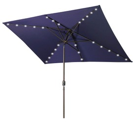 MOOOTTO Premium 6.5ft x 10ft. UV Fade Resistant Waterproof Pushbutton Tilt Crank Patio Oxford Fabric 26 LED Umbrella with 6 Sturdy Ribs Base for Patio, Deck,Lawn, Pool, Backyard (Navy Blue)