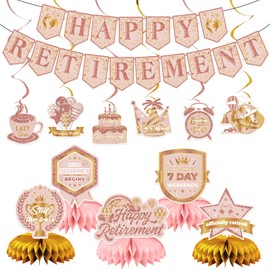 Zgrzoqjlw 12Pcs Retirement Party Decorations for Men Women Rose Gold Happy Retirement Banner Honeycomb Centerpiece Swirls Party Supplies Retired Farewell Party Set Work Graduation Party Decorations