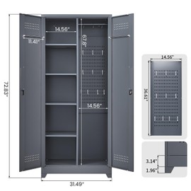 LUCYPAL Broom Storage Cabinet,72.8" H Broom Closet Storage Cabinet with Hanging Rod & S-Hooks,Cleaning Metal Storage Cabinet with Locking Doors and Shelves for Garage,Kitchen,Utility Room,Grey