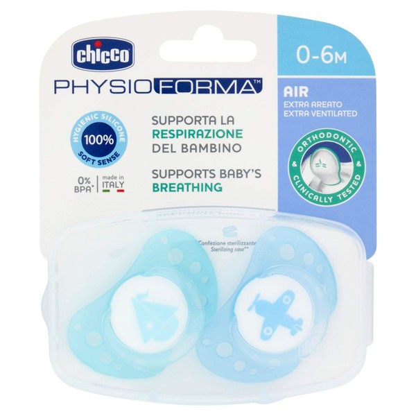 Chicco PhysioForma Air Schnuller, Baby Schnuller 0-6 Monate mit Silikon-Sauger, 2 Stück, Schnuller Unterstützt Physiologische Atmung und Fördert Korrekte Entwicklung des Mundes, blau