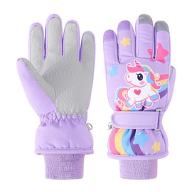 JUPSK Kids Winter Ski Gloves Purple Unicorn Waterproof Anti Slip Plush Thermal Snowboard Gloves for Children Girls and Boys Age 5-7