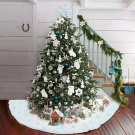 Christmas Tree Skirt White Fur,Christmas Decorations 37.5 Inch Silver Snowflake Faux Fur Luxury Party Holiday Xmax Tree Skirts Mat For Home Indoor Outdoor Decorations(D Type,90CM)
