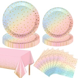 COLANANA Party Supplies,Rainbow Dots Birthday Decorations Party Tableware Set Contain Plates Tablecloth Napkins for Baby Shower Birthday Wedding Party Anniversary(16 Guests)