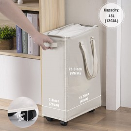 Slim Rolling Laundry Basket, Slim Laundry Hamper with Wheels and Adjustable Long Handles, 45L Small Laundry Baskets with Mesh Top, Narrow Dirty Clothes Hamper for Bedroom, Closet, and Bathroom - Beige