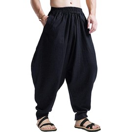 perdontoo Mens Harem Pants Loose Fit Elastic Waist Drawstring Aladdin Hippie Trousers (42, Black)