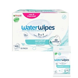 WATERWIPES, Toallitas Húmedas Sensitive+ On The Go, Limpieza 3 en 1, Hipoalergénicas, 10 Paquetes de 10 Piezas
